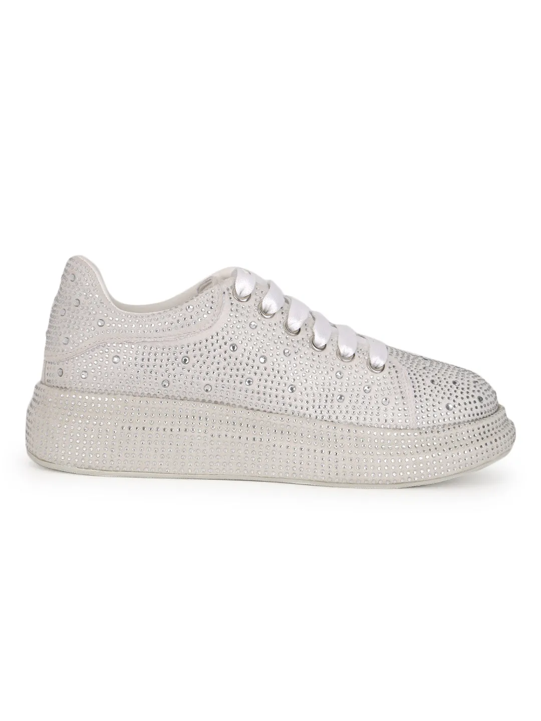 Beige Diamante Embellished Lace-Up Sneakers (TC-RS3653-BEIG)