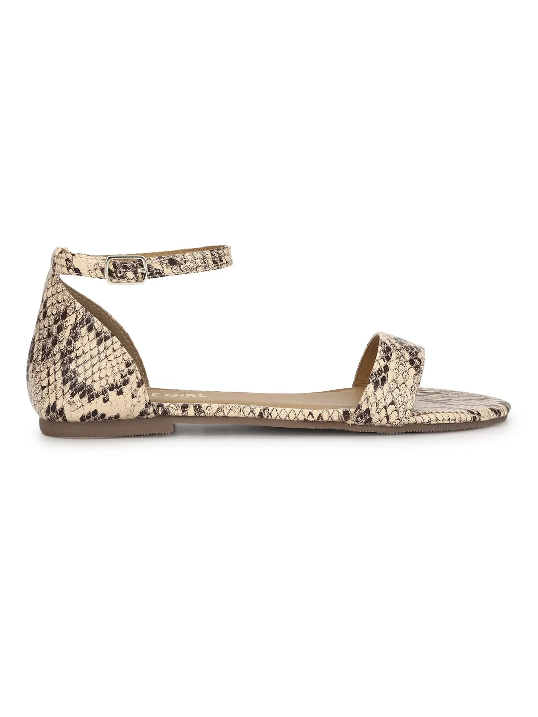 Beige Snake PU Buckled Flat Sandals