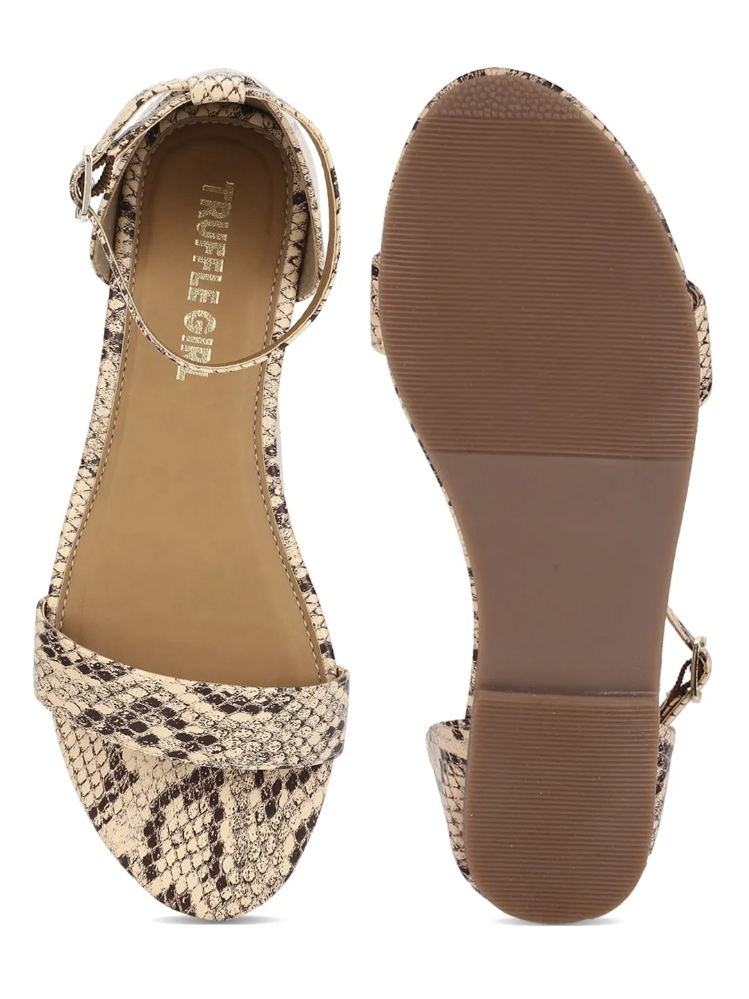 Beige Snake PU Buckled Flat Sandals