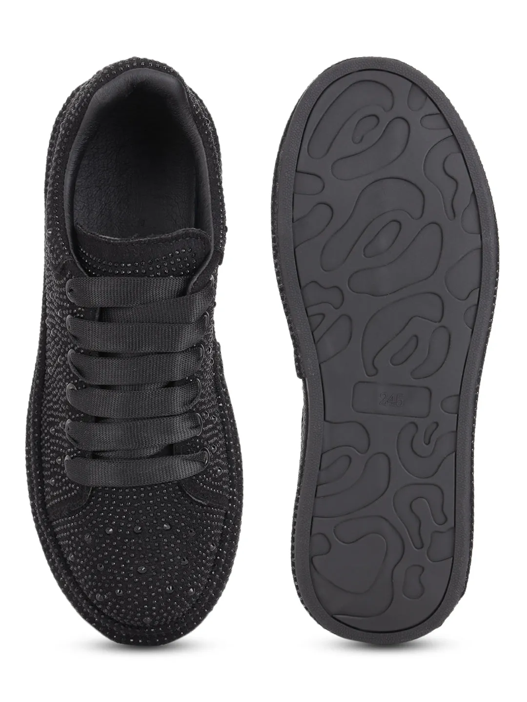 Black Diamante Embellished Lace-Up Sneakers (TC-RS3653-BLK)