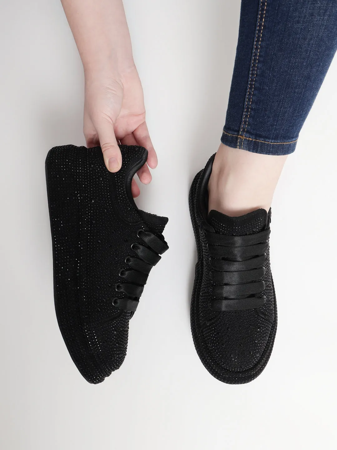 Black Diamante Embellished Lace-Up Sneakers (TC-RS3653-BLK)