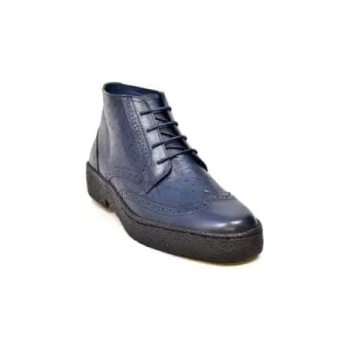 British Walkers Playboy Wingtips Men's Navy Blue Ostrich Leather High Top Boots