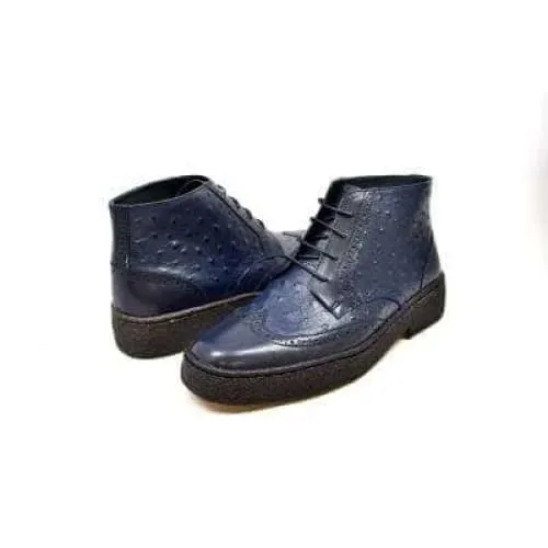 British Walkers Playboy Wingtips Men's Navy Blue Ostrich Leather High Top Boots