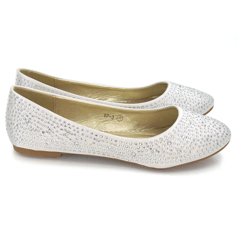 CINDERELLA SPARKLY CRYSTAL DIAMANTE FLAT PUMPS BRIDAL BALLERINA SHOES IN WHITE SATIN