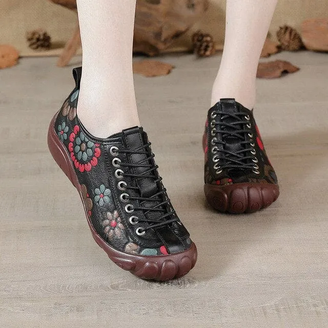 Genuine Leather Lace-up Round Toe Flats Leisure Retro Handmade Ladies Shoes