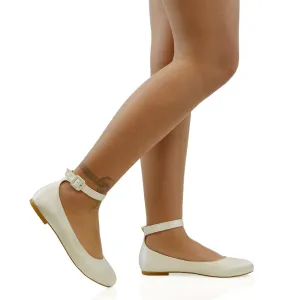 KIMMIE BALLERINA LOW BLOCK HIGH HEEL BUCKLE STRAPPY PUMP FLAT SHOES in Ivory Satin