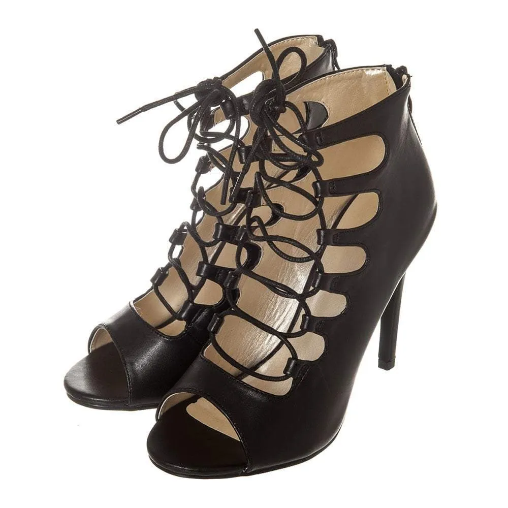 Lace Up High Heels with an Open Toe and Back Zip