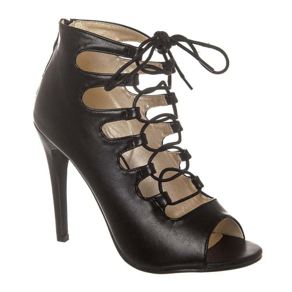 Lace Up High Heels with an Open Toe and Back Zip