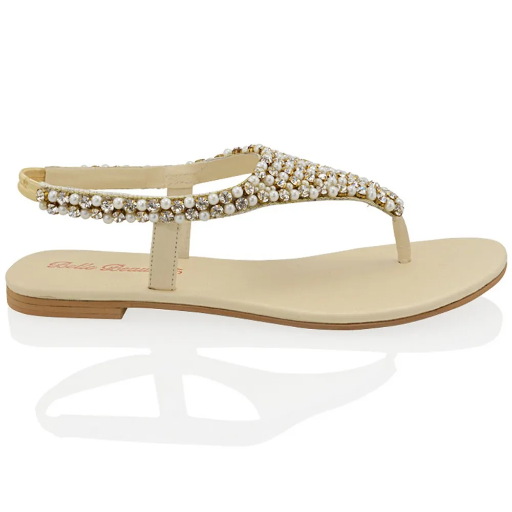 LAUREN DIAMANTE EMBELLISHED TOE POST STRAPPY SLINGBACK SPARKLY FLAT SUMMER SANDALS IN NUDE