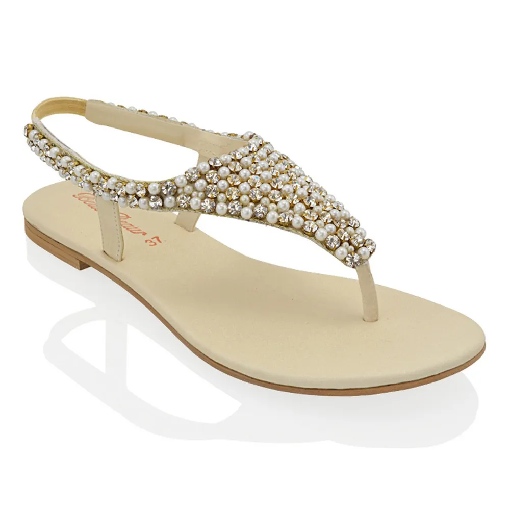 LAUREN DIAMANTE EMBELLISHED TOE POST STRAPPY SLINGBACK SPARKLY FLAT SUMMER SANDALS IN NUDE