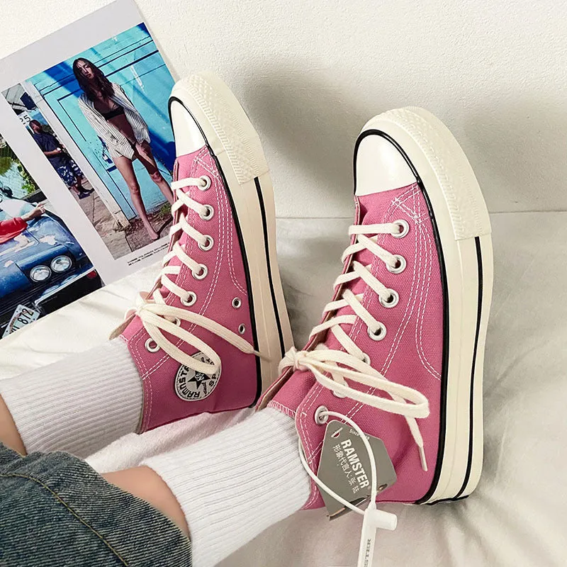 Pink Lace-up Canvas High-top Shoes