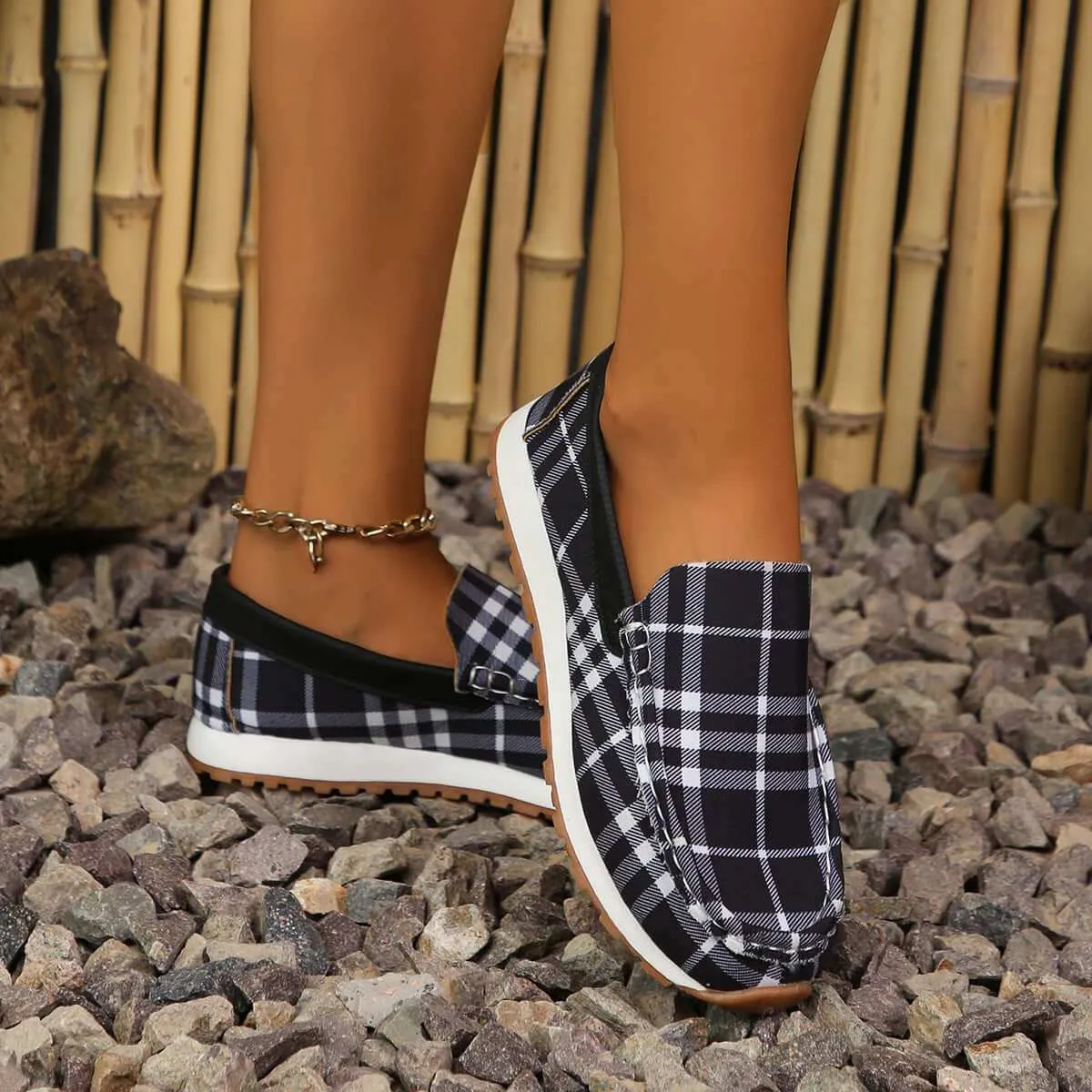 Plaid Round Toe Slip-Ons