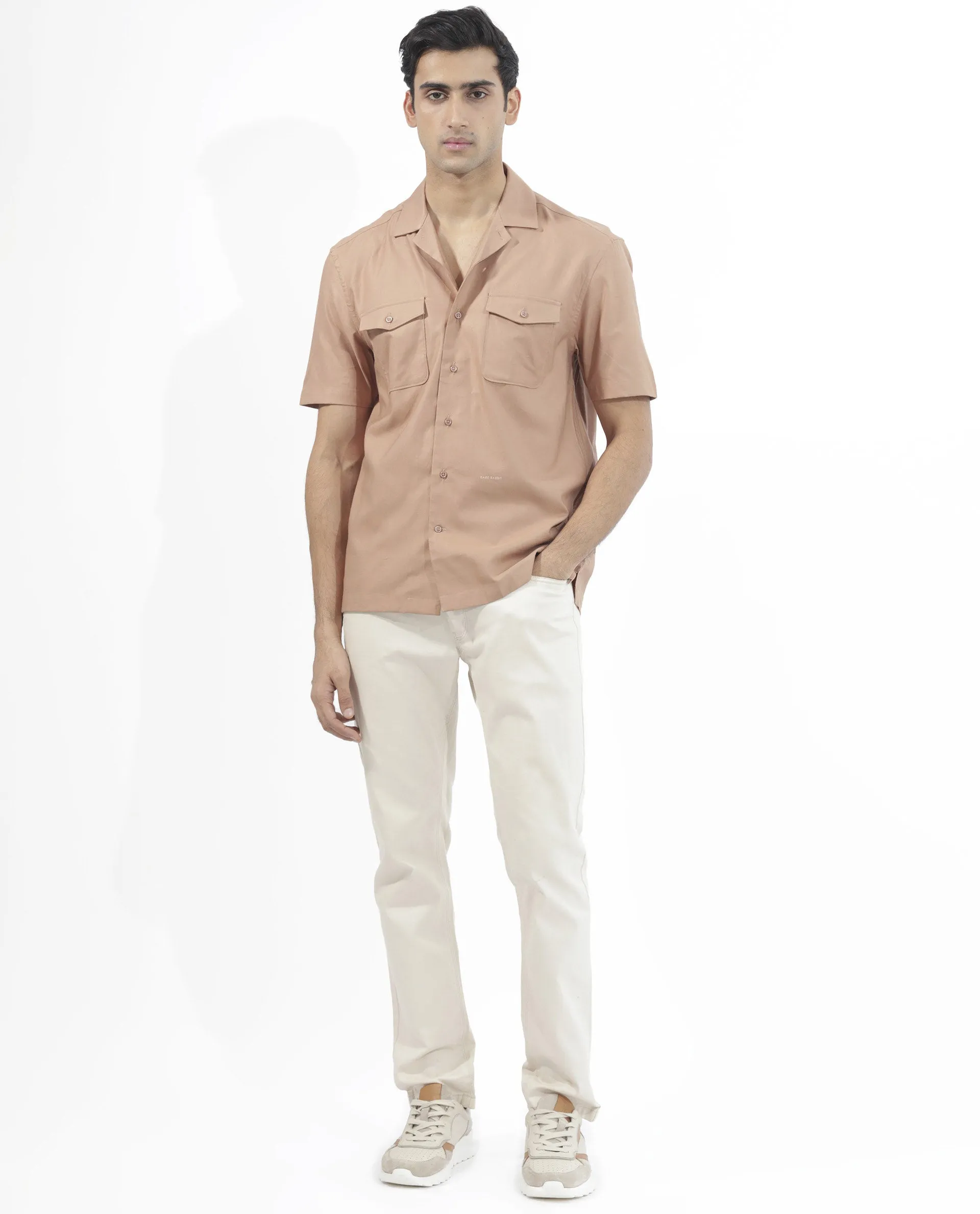 Rare Rabbit Men's Salford Light Brown Cuban Collar Half Sleeves Two Flap Pocket Solid Shirt