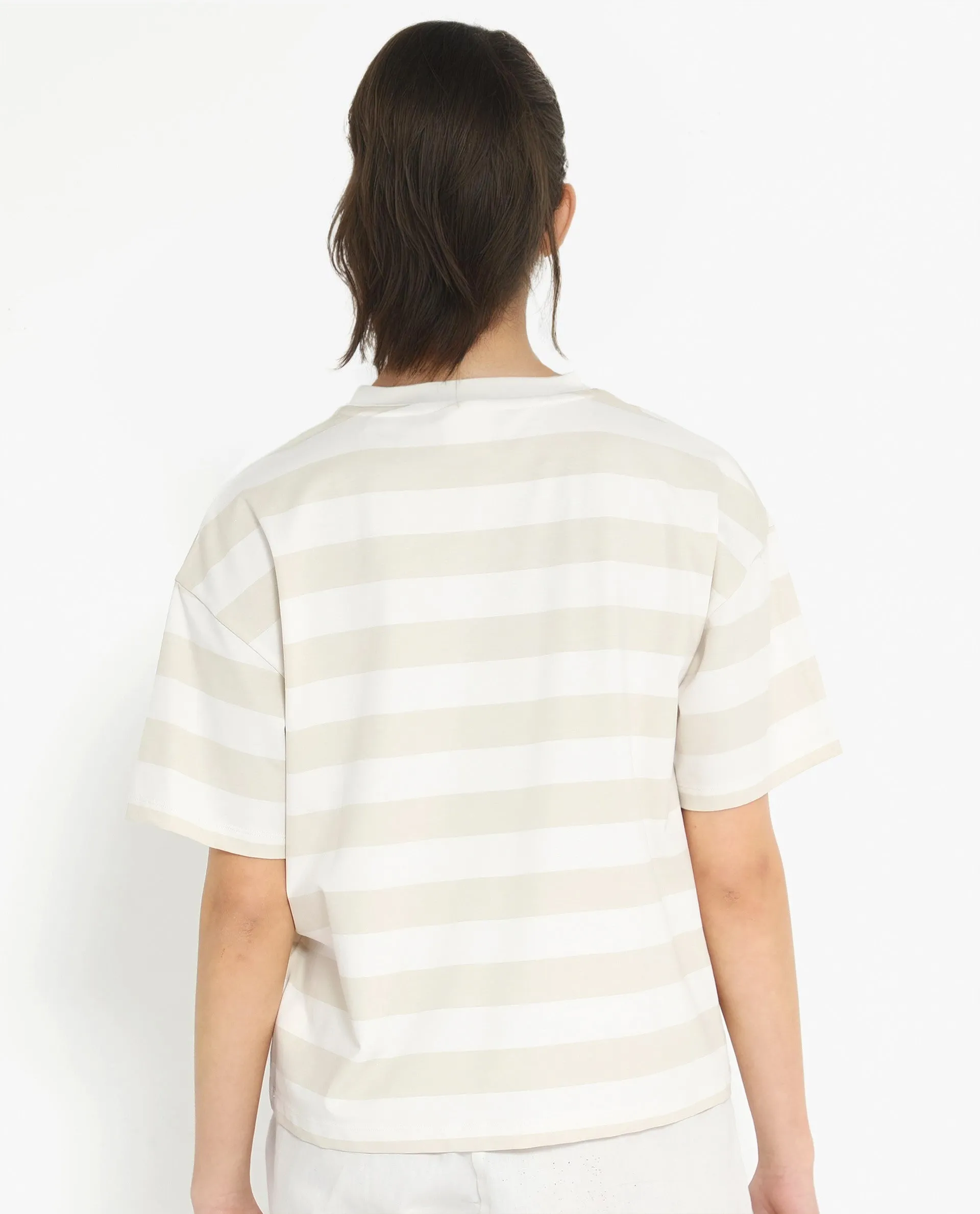 Rareism Women Prandant Off White Cotton Elastane Fabric Crew Neck Knit Stripe T-Shirt