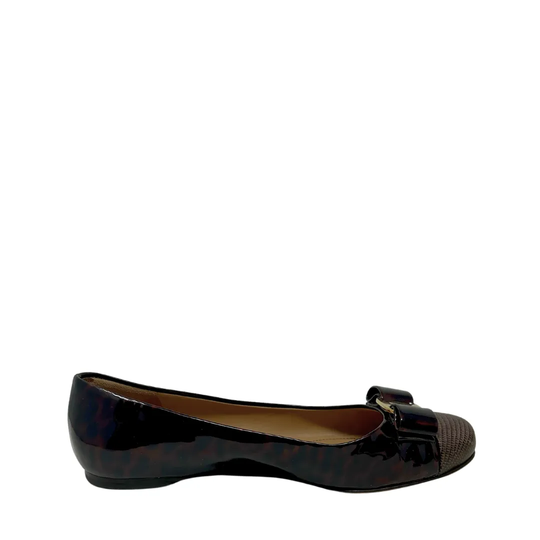 Salvatore Ferragamo Tortoise Patent Leather Bow Flats - Size 7.5