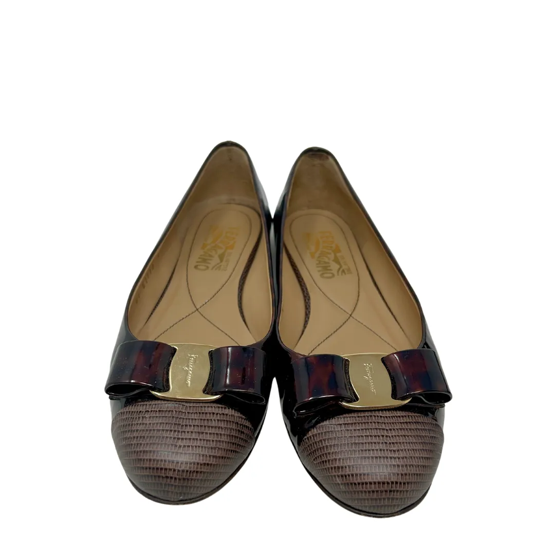 Salvatore Ferragamo Tortoise Patent Leather Bow Flats - Size 7.5