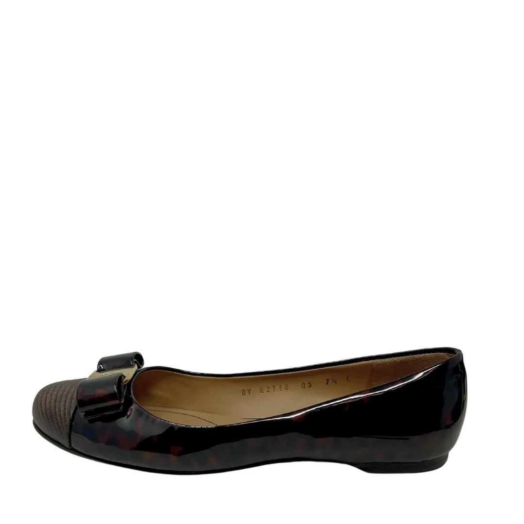 Salvatore Ferragamo Tortoise Patent Leather Bow Flats - Size 7.5