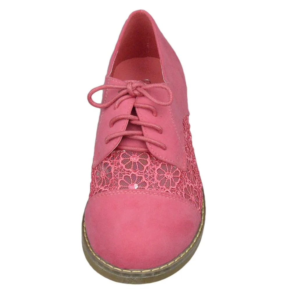 SOBEYO Women's Embroidered Flower Lace Up Oxford Flats Pink