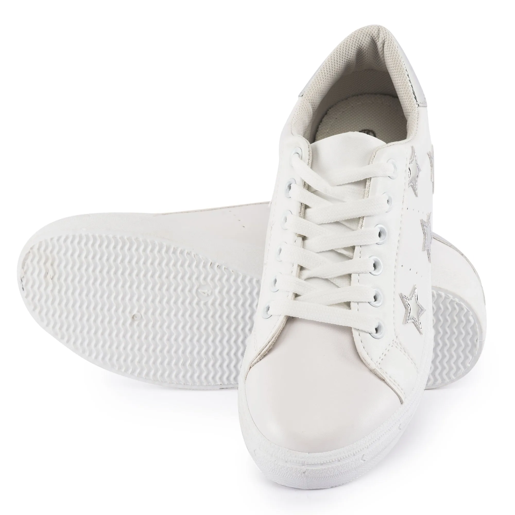 White Silver Star Lace Up Trainers