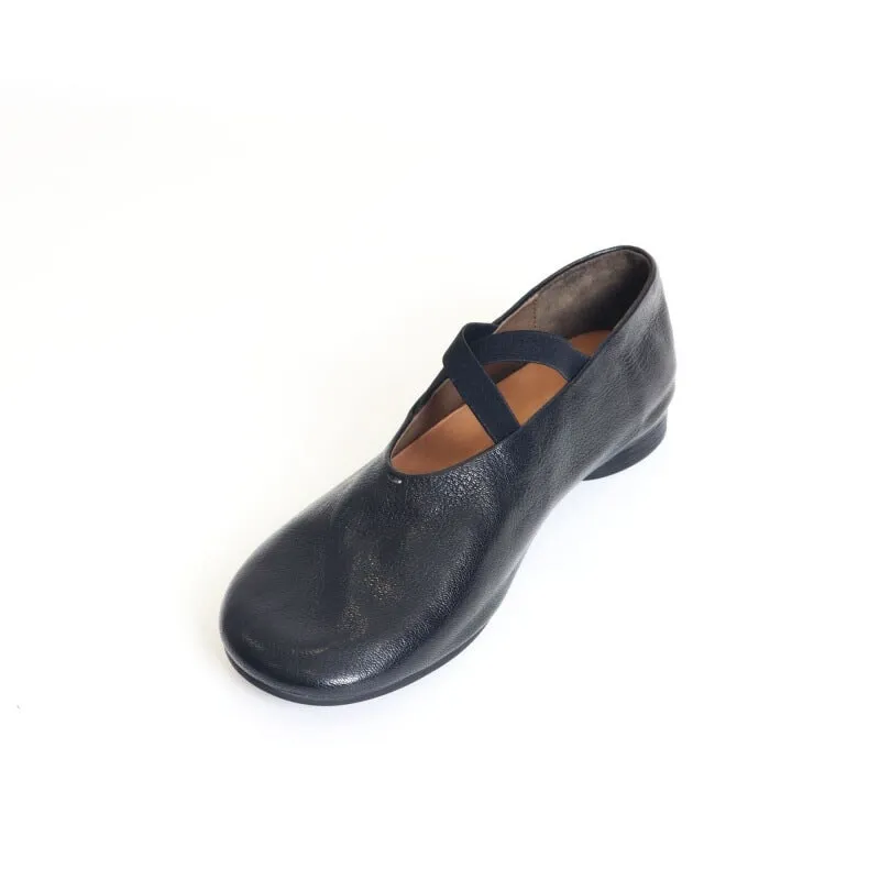 Women Handmade Leather Cross Strap Mary Jane Shoes in Black